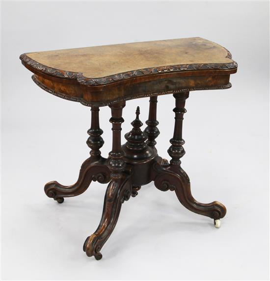 A Victorian burr walnut folding card table, W.3ft